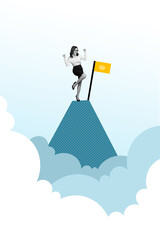 Sticker - Vertical collage picture of black white colors delighted excited elegant girl climb mountain top clouds reach target flag raise fists