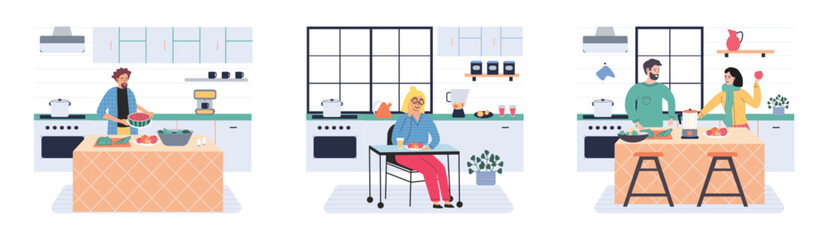 Wall Mural - People cooking vegetarian food. Vector illustration. Fresh and healthy food. Vegetarian nutrition. Man woman dining, eat food and bake. Happy culinary. Lady at stove alone. Salad in vegetable bowl