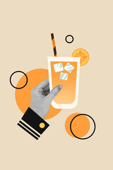 Wall Mural - Vertical creative composite abstract photo collage of hand holding cup of fresh orange juice in cafe isolated on beige color background