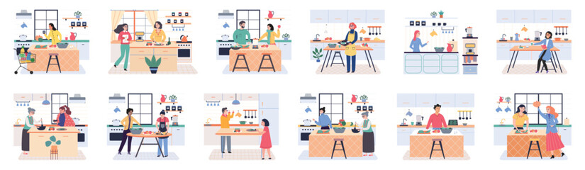 Wall Mural - People cooking vegetarian food. Vector illustration. Homemade food, dinner, cozy atmosphere. Happy family cooking dinner together in modern kitchen. Parents and kids preparing lunch isolated on white