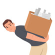 Young man carry heavy case or big box with folders or paper document. Flat vector illustration isolated on white background
