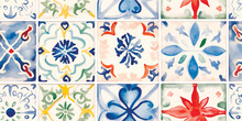 Modern Beautiful Seamless Pattern In Patchwork Style With Contemporary Hand Drawn Watercolor Different Tiles
