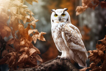 White Owl With Nature Background Style With Autum