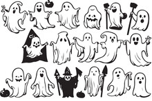 Set Halloween Vector Illustrations Ghosts And Pumpkins With Bats On White