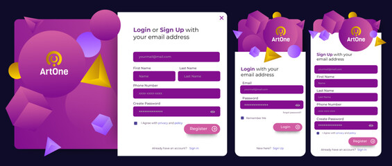 Poster - Set of Sign Up and Sign In forms. Blue gradient. Mobile Registration and login forms page. Professional web design, full set of elements. User-friendly design materials.