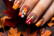 Woman's Fingernails With Orange And Gold Colored Nail Polish With Autumn Forest Themed Design
