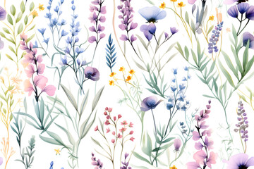 Wild Flowers bloom watercolor  seamless pattern