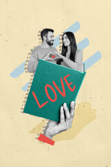 Poster - Vertical creative artwork composite 3d photo collage of happy nice couple read book about love story isolated on drawing background