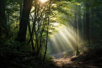 Wall Mural - sunlight streaming through dense forest canopy