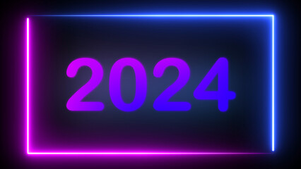 Wall Mural - Step into countdown Happy new year 2024 vibrant sci-fi scene with our mesmerizing abstract neon loop art. Experience the future in a stylish purple and blue frame
