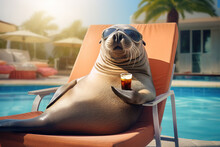 Funny Relaxed Seal In Sunglasses Lays On A Lounge Chair With A Cocktail While Chilling Out At An All-inclusive Hotel. The Concept Of A Vacation At A Resort.