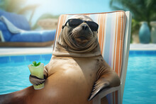  Portrait Of A Satisfied Seal Character In Sunglasses Relaxing Next To The Pool, Sunbathing In A Luxury Hotel During An All-inclusive Vacation At A Resort. Hotel Vacation Concept.