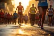 Marathon, Marathon running in the light of morning, Marathon running in the light of evening, running on city road detail on legs, Athletes doing a jogging workout outdoors, Generative AI