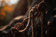 A close-up of a climbing rope and carabiner hanging from a rock face, Sport, bokeh 