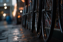 A Row Of Bicycle Wheels Lined Up Outside A Shop, Sport, Bokeh 