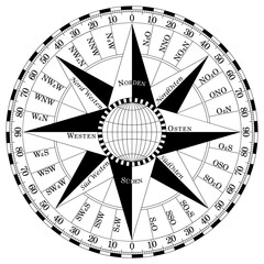 Kompassrose-Vektor mit allen zweiunddrei√üig Windrichtungen und deutscher Osten Bezeichnung.
Windrose mit Planet Erde Symbol in der Mitte.
Symbol f√ºr die Marine-, Schifffahrts- oder Trekking-Navigation