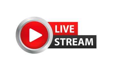 Poster - Flat style live stream vector icon with play button isolated on white background for blog, player, broadcast, website, online radio, media labels, logo. Glossy button. Vector illustration