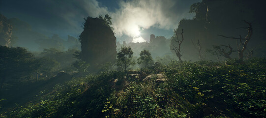 Wall Mural - Misty jungle with dead trees and rock pillars under cloudy sky.