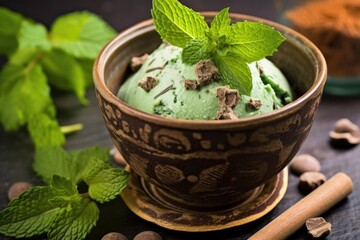 Wall Mural - mint leaves and chocolate chips on mint ice cream