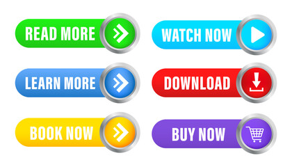 Poster - Set of vector modern material style buttons. Various gradient colors and icons on oval shapes. Learn more, learn more, buy now, download, watch now, book. Glossy button. Vector illustration