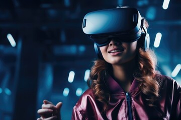 Aufkleber - Cyber girl, Teenage girl using virtual reality simulator, Concept of future technologies.