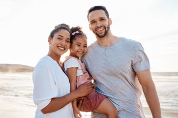 Wall Mural - Family, beach and portrait, parents and child with travel and bonding, love and happiness together outdoor. Vacation, ocean and happy people in nature, man and woman with kid, sunshine and adventure