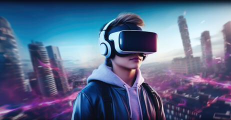 Aufkleber - Teenage wearing VR headset in immersive gaming experience against backdrop of futuristic city.