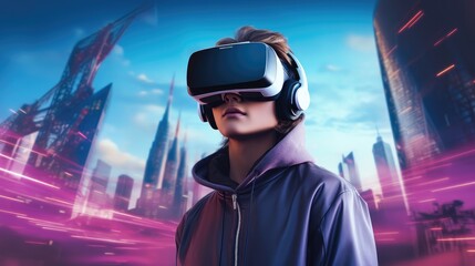 Aufkleber - Teenage wearing VR headset in immersive gaming experience against backdrop of futuristic city.
