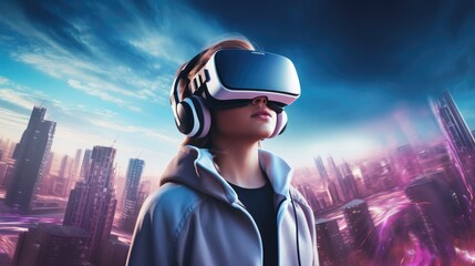Aufkleber - Cyber girl, Teenage girl using virtual reality simulator, Concept of future technologies.