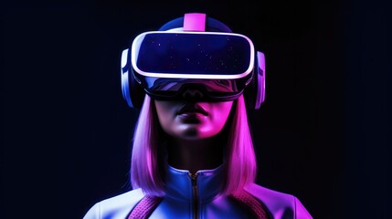 Aufkleber - Portrait of teen girl wearing VR headset, Cyber girl, Concept of future technologies.