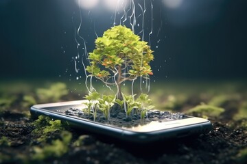 Aufkleber - Nature growing from smartphone, Concept of futuristic environmental protection with modern technology.