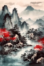 Painting Of Red Trees And A River, In The Style Of Traditional Chinese Landscape. Generative AI.