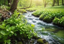 Beautiful Spring Detailed Close Up Stream Of Fresh Water With Young Green Plants. Horizontal Banner, Springtime Concept. Abstract Outdoor Wild Nature Background