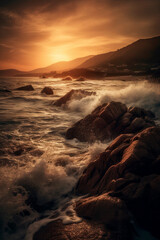 Wall Mural - Coastal landscape at sunset, waves crashing on the rocks. Generative AI.