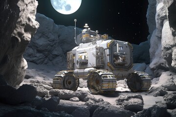 Wall Mural - construction robot assembling a habitat module on the moon