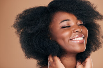 Wall Mural - Natural beauty, black woman and care for afro hair, smile and volume on a brown studio background. Aesthetic, hairstyle and African model with cosmetics after salon treatment, wellness and texture