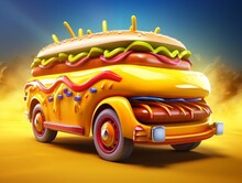 3D Fast Food Hot Dog Delivery Truck Street Food Festival Symbol With Hot Dog In Cartoon Style Generative Ai