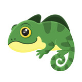 Fototapeta Dinusie - Wild chameleon, green lizard, cartoon animal, wild reptile, nature design, cute, fun, happy, jungle exotic pet, tropic camouflage, zoo. Isolated on white background. Vector illustration.