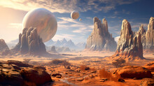Retro Futuristic Sci-fi Wallpaper. Alien Planet Landscape. Breathtaking Panorama Of A Desert Planet With Strange Rock Formations Against Background Of Beautiful Sky With Clouds.