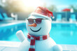 Happy snowman has beach vacation holidays in a luxury resort.