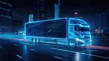 Futuristic Truck With Neon Lights On Night Road.Created With Generative AI Technology.