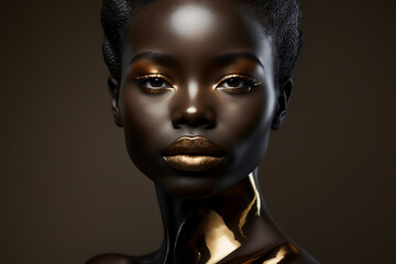 Wall Mural - Amazing beautiful dark afro american black woman face portrait with gold or golden lips. Ai generated