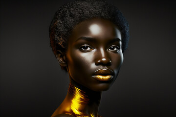 Wall Mural - Amazing beautiful dark afro american black woman face portrait with gold or golden lips. Ai generated