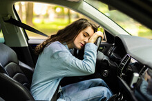 Stressed Woman Drive Car Feeling Sad And Angry. Girl Tired, Fatigue Mental On Car.