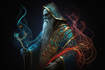 Poster - Fantastic blue beautiful intricate wizard creative vector illustration design character. Magic and wizardry. Ai generated