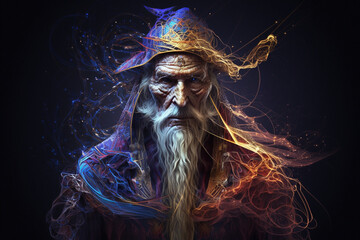 Poster - Fantastic blue beautiful intricate wizard creative vector illustration design character. Magic and wizardry. Ai generated