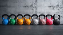 A Row Of Kettlebells In Different Colors