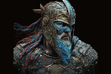 Abstract powerful warrior viking king portrait. Impressive man soldier portrait with blue color and intricate details. Ai generated