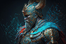 Abstract Powerful Warrior Viking King Portrait. Impressive Man Soldier Portrait With Blue Color And Intricate Details. Ai Generated