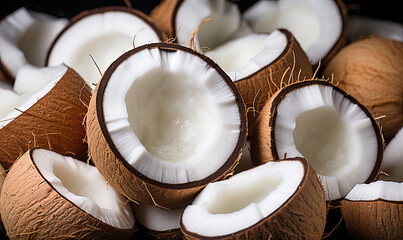 Wall Mural - Fruit background, exotic chopped fresh coconuts close-up.